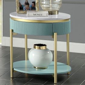Glam Contemporary Light Teal 1pc End Table White Faux Marble Top Living Room Table Open Bottom Shelve