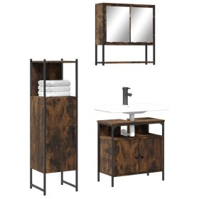 3 Piece Bathroom Furniture Set Smoked Oak Engineered Wood (Color: Brown)